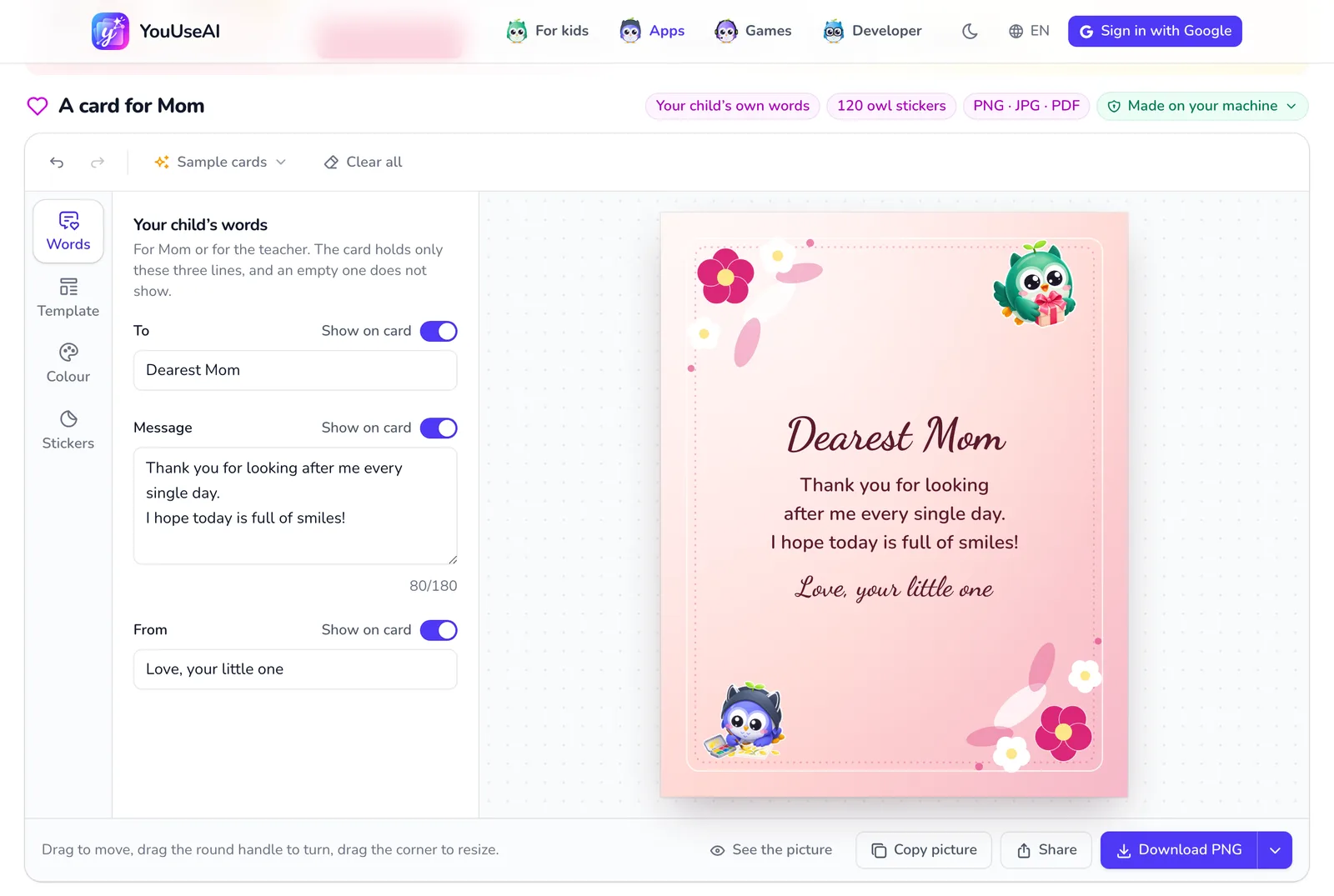 A card for Mom with the For Mom sample open: the toolbar along the top, the tabs on the left, the card in the middle and the download row below.