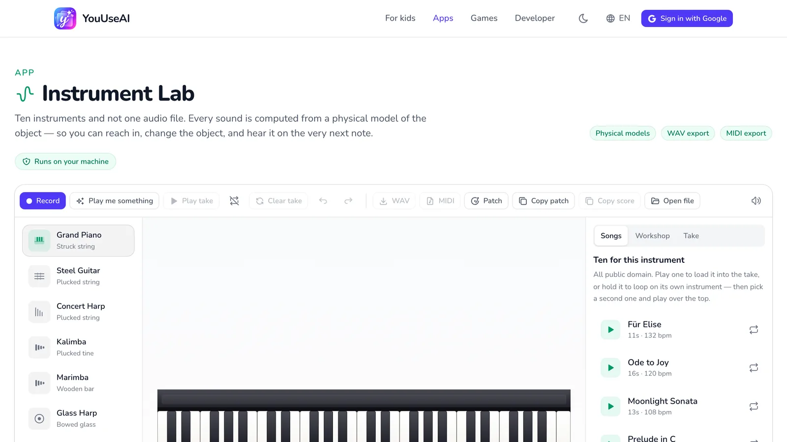 Instrument Lab: the Record, Play me something, WAV and MIDI buttons; the instruments on the left; the Songs, Workshop and Take tabs on the right.