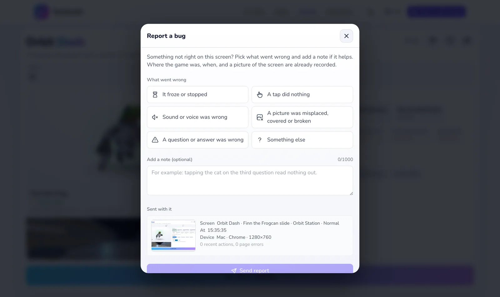 The bug report box: six kinds of problem, a note field, the attached screenshot and details, and the Send button.