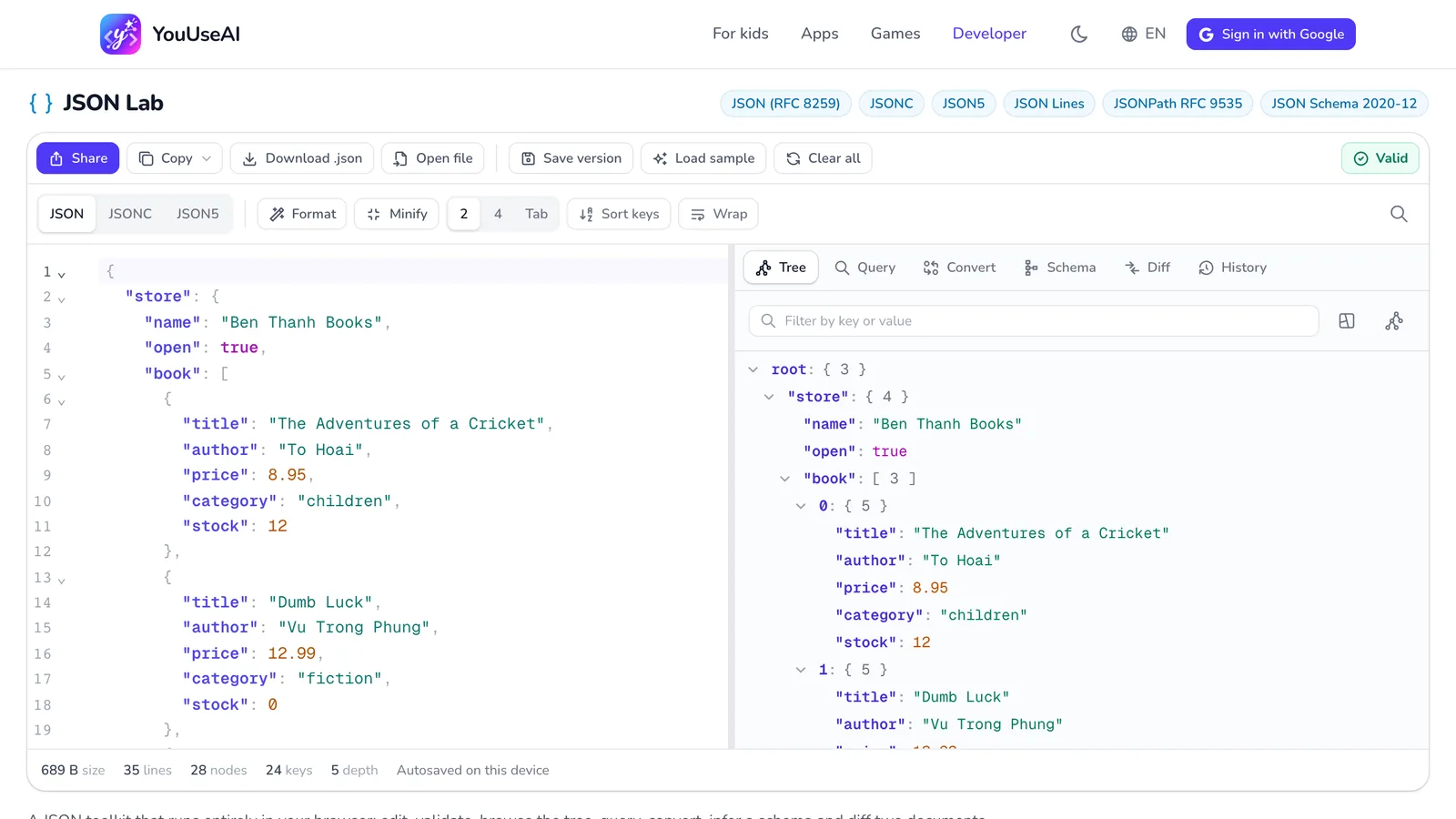 JSON Lab: the action bar on top, the JSON editor on the left and the data tree on the right.