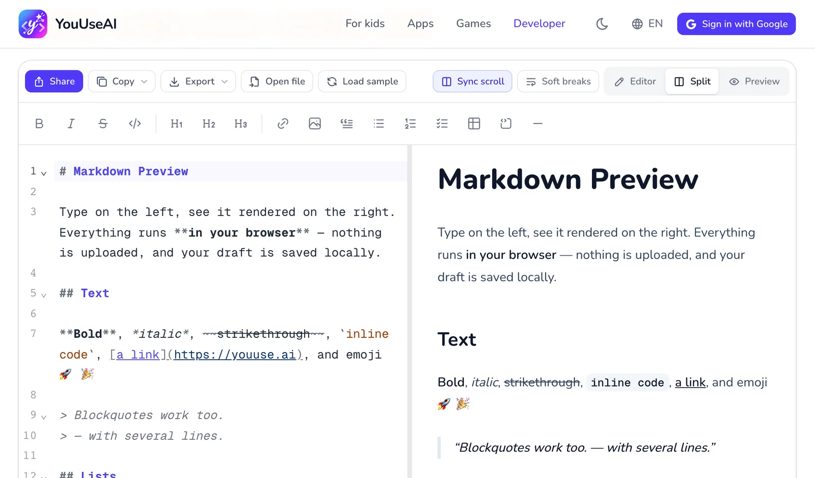 Markdown Preview: the action bar on top, the editor on the left and the preview on the right.