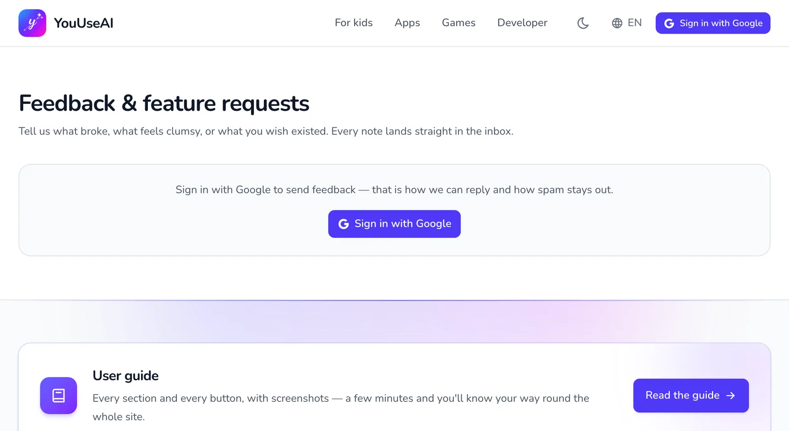 The Feedback & feature requests page before signing in: one line of explanation and the Sign in with Google button.