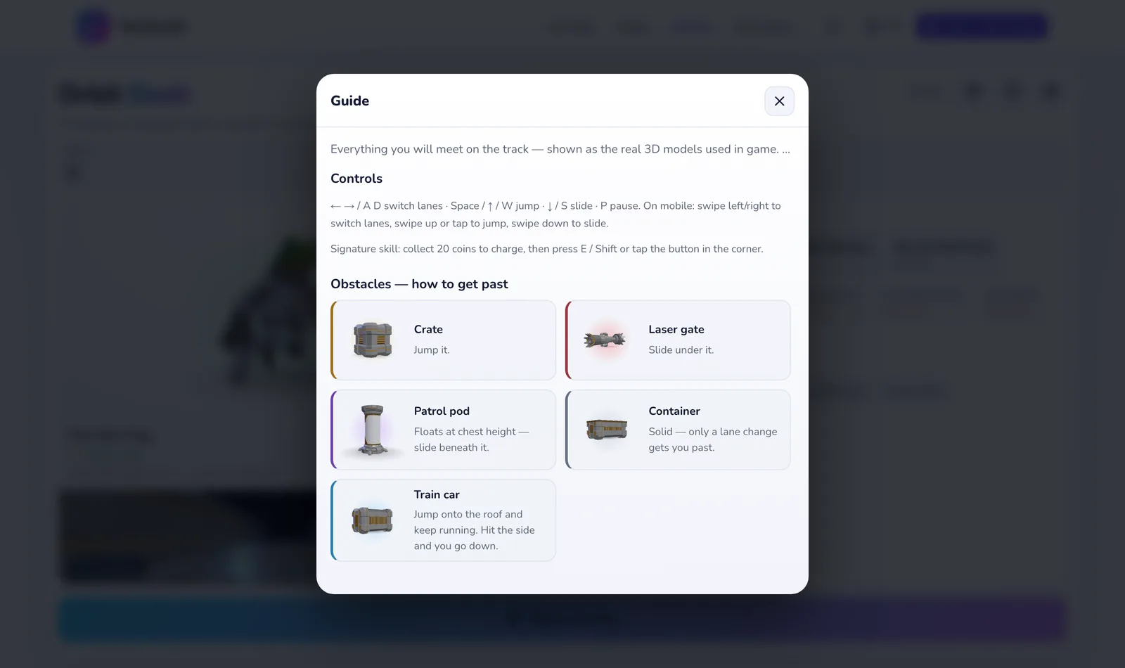 Orbit Dash's rules panel: the Controls section and the Obstacles section with a picture of each one.