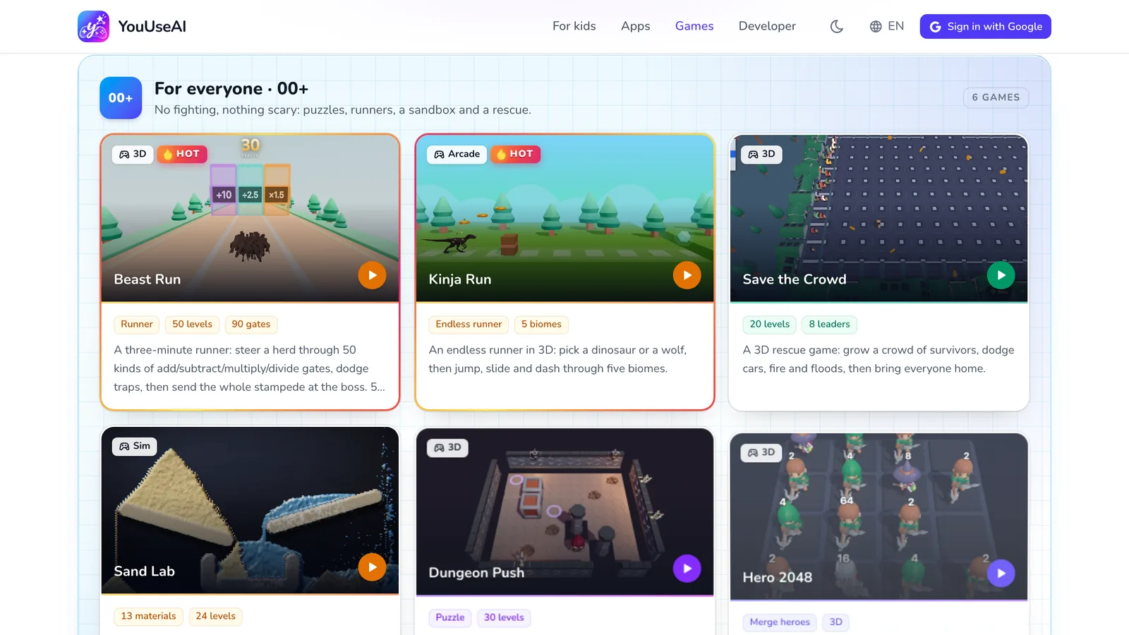 The Games page: the All ages group with Beast Run, Kinja Run, Save the Crowd and more.
