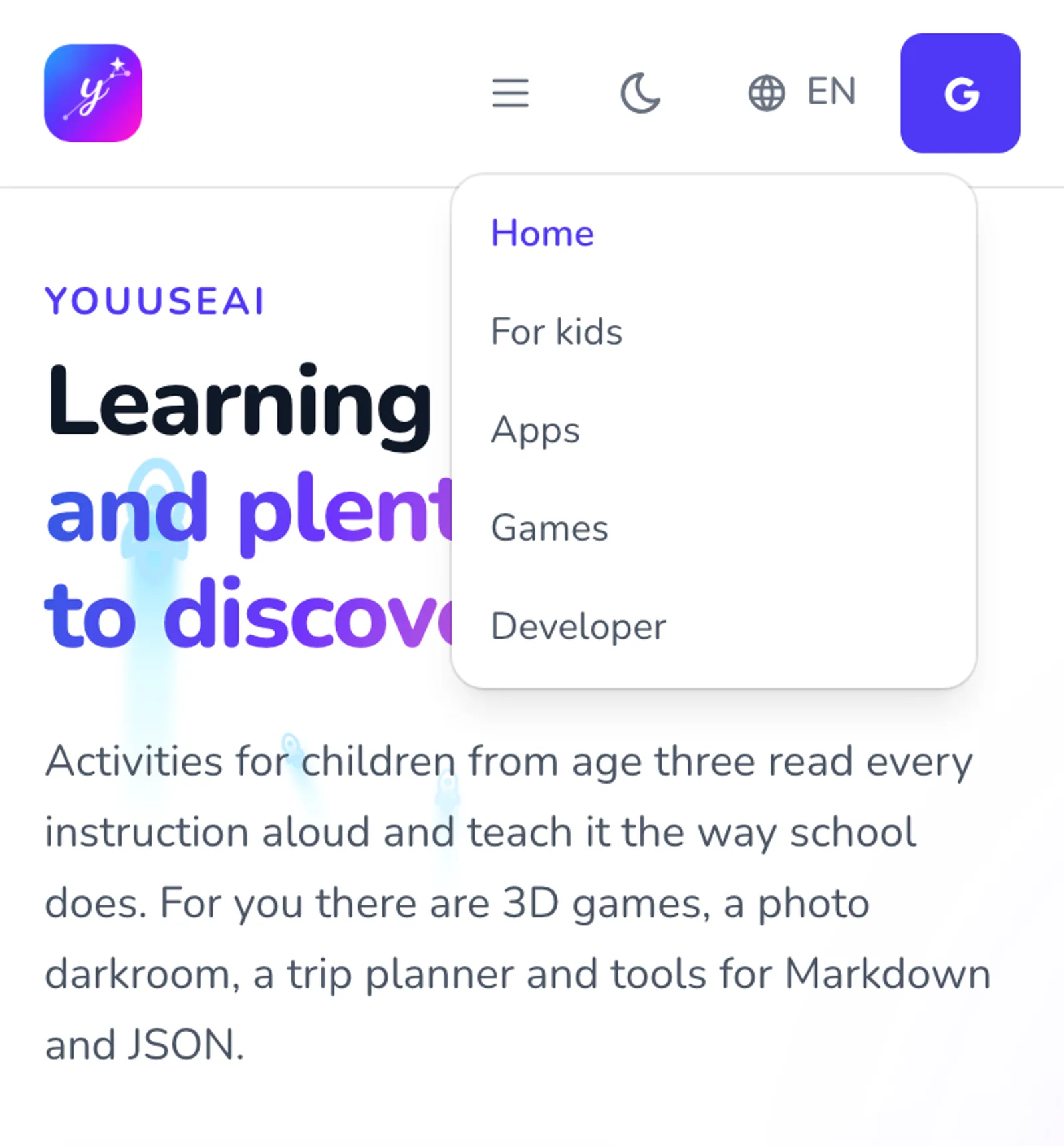 The home page on a phone, with the three-line button open on the list of sections: Home, For kids, Apps, Games, Developer.