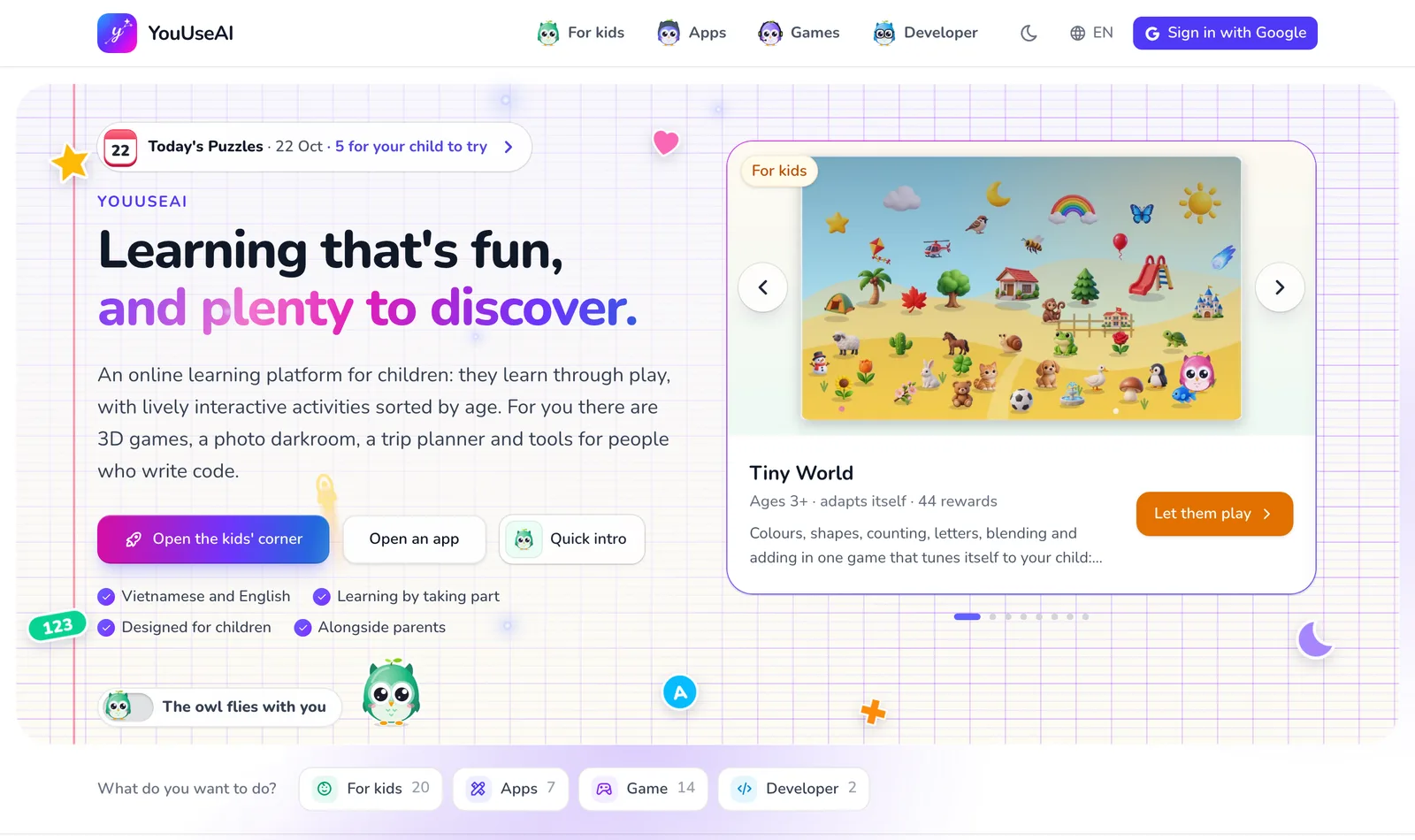 The top of the home page: the heading, the For kids and Apps buttons, and the product carousel with its two arrows.