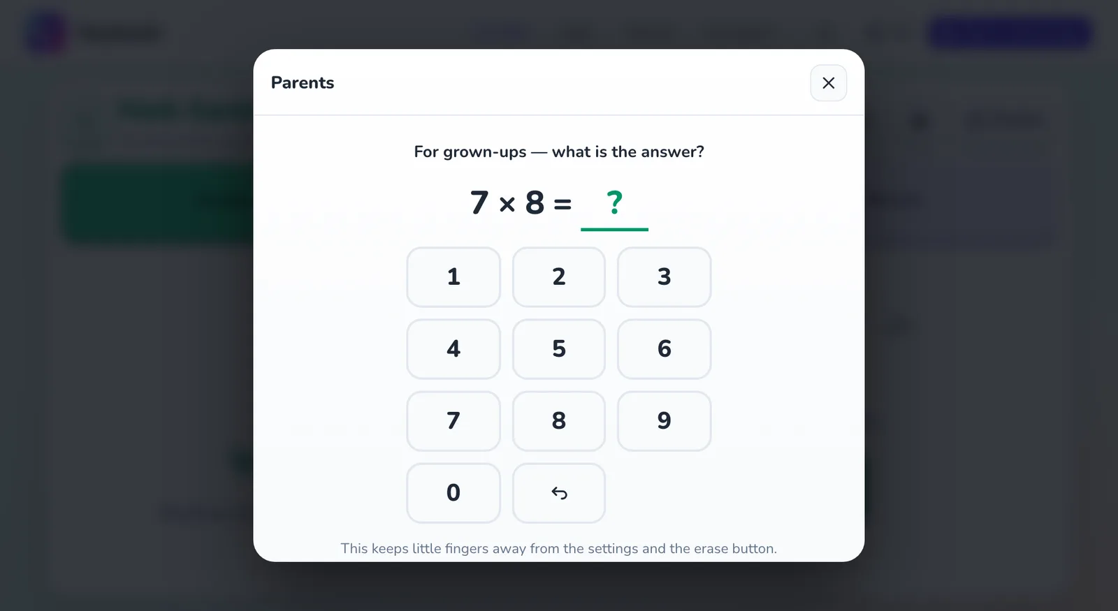 The parents' gate: a multiplication of two single digits and a number pad.