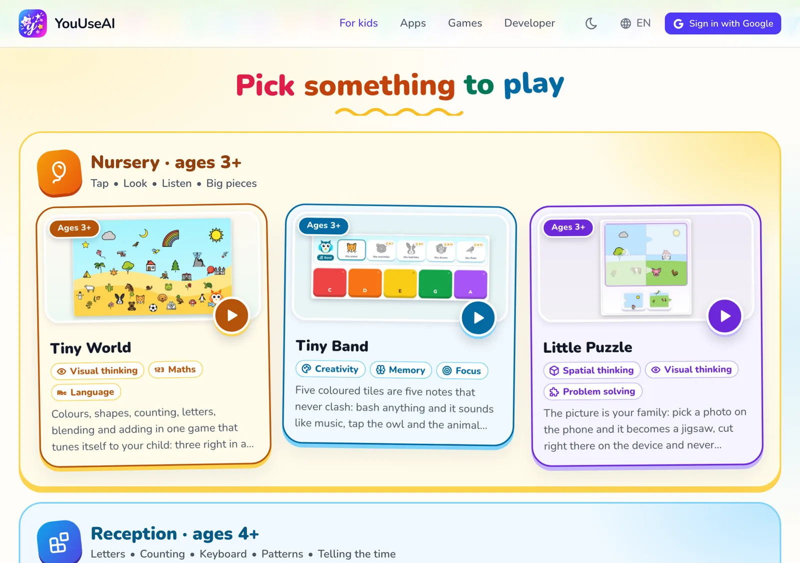 The For kids page with the What is each one for? button and the first band of activities for children from age 3.