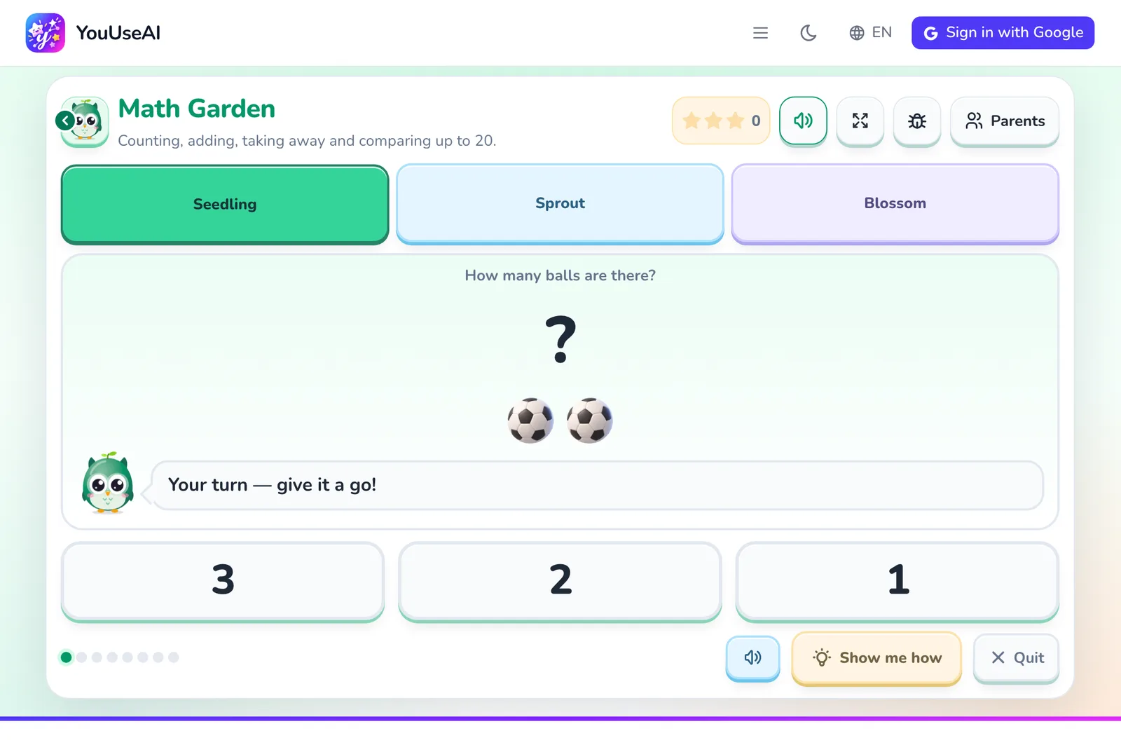 Math Garden mid-round: a question with pictures to count, three answer tiles, and the Listen again, I don't know and Exit buttons.