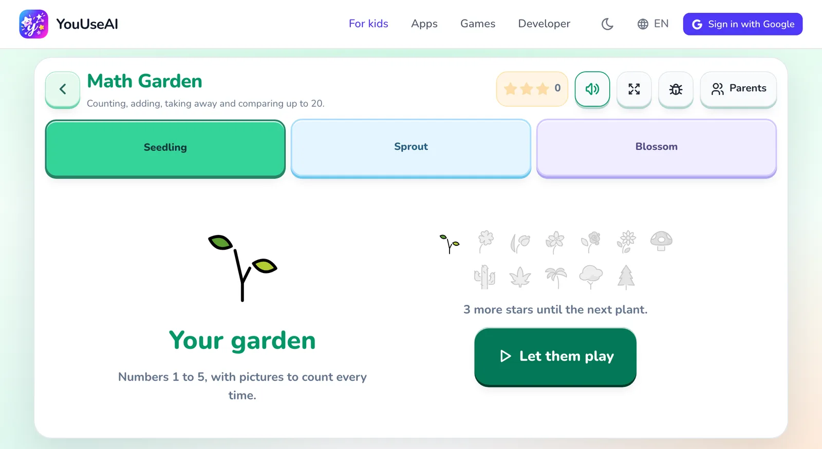The opening screen of Math Garden with its bar of buttons along the top.
