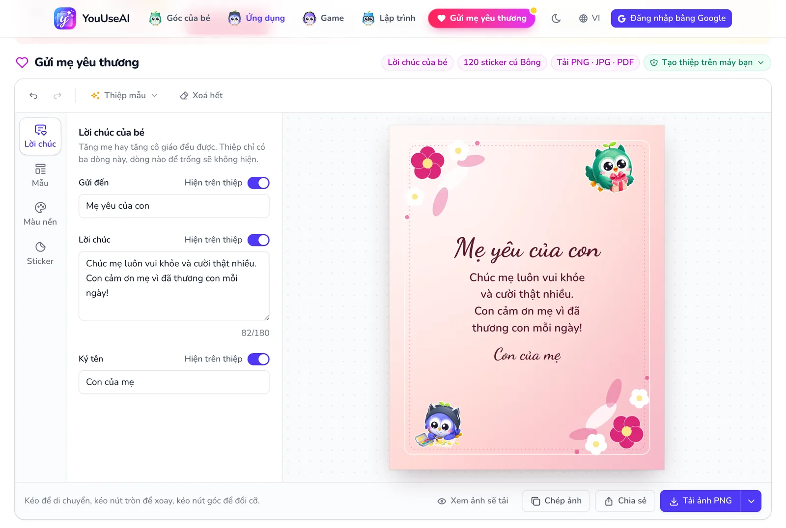 Ứng dụng Gửi mẹ yêu thương với thiệp mẫu Tặng mẹ: thanh công cụ ở trên, cột thẻ bên trái, tấm thiệp ở giữa và hàng nút Tải ở dưới.