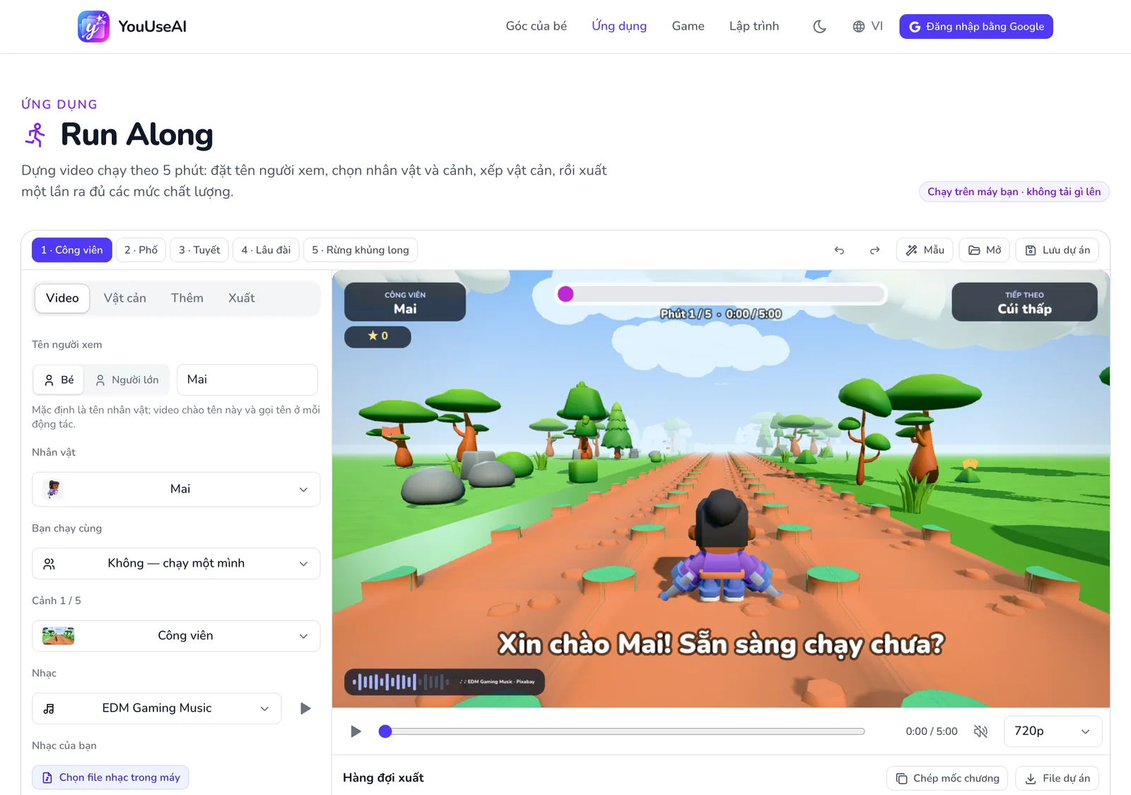 Run Along: các thẻ cảnh ở trên cùng, thẻ Video với người xem Bé hoặc Người lớn, nhân vật, cảnh, nhạc; khung xem trước có nút Phát.