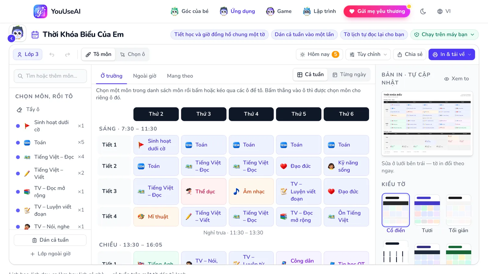Thời khoá biểu của em: thanh công cụ có Tô môn, Chọn ô, Chia sẻ và In & tải về; bên trái là danh sách môn để tô; ở giữa là lưới tiết học cỡ lớn với ba thẻ Ở trường, Ngoài giờ, Mang theo; bên phải là tờ in thu nhỏ tự cập nhật và các kiểu tờ.