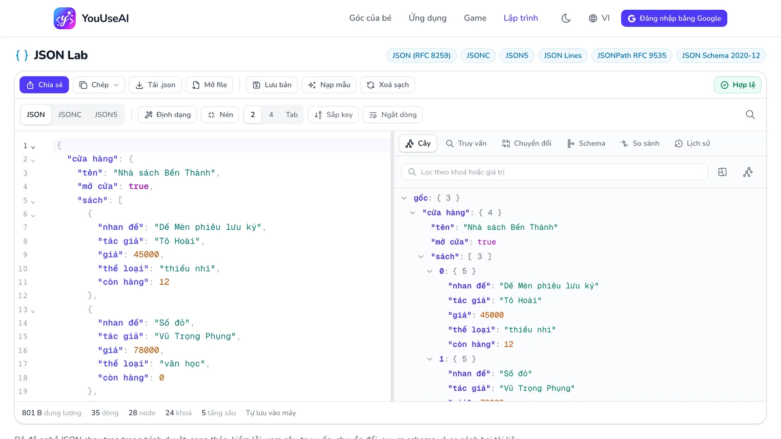JSON Lab: thanh thao tác phía trên, khung soạn JSON bên trái và cây dữ liệu bên phải.