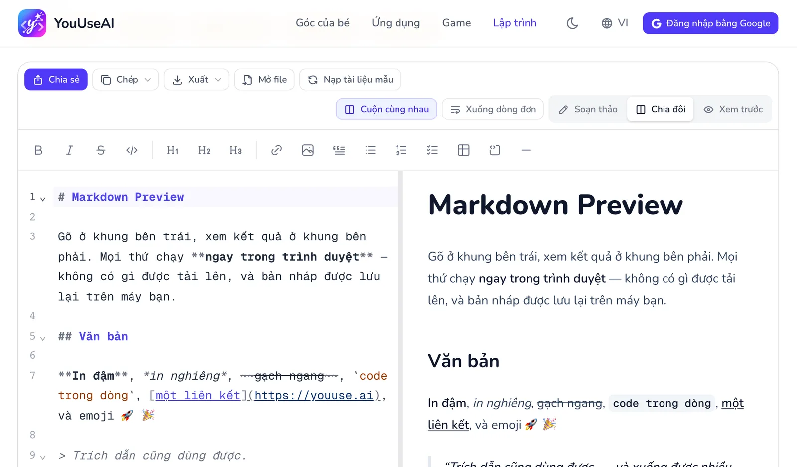 Markdown Preview: thanh thao tác phía trên, khung soạn bên trái và khung xem trước bên phải.