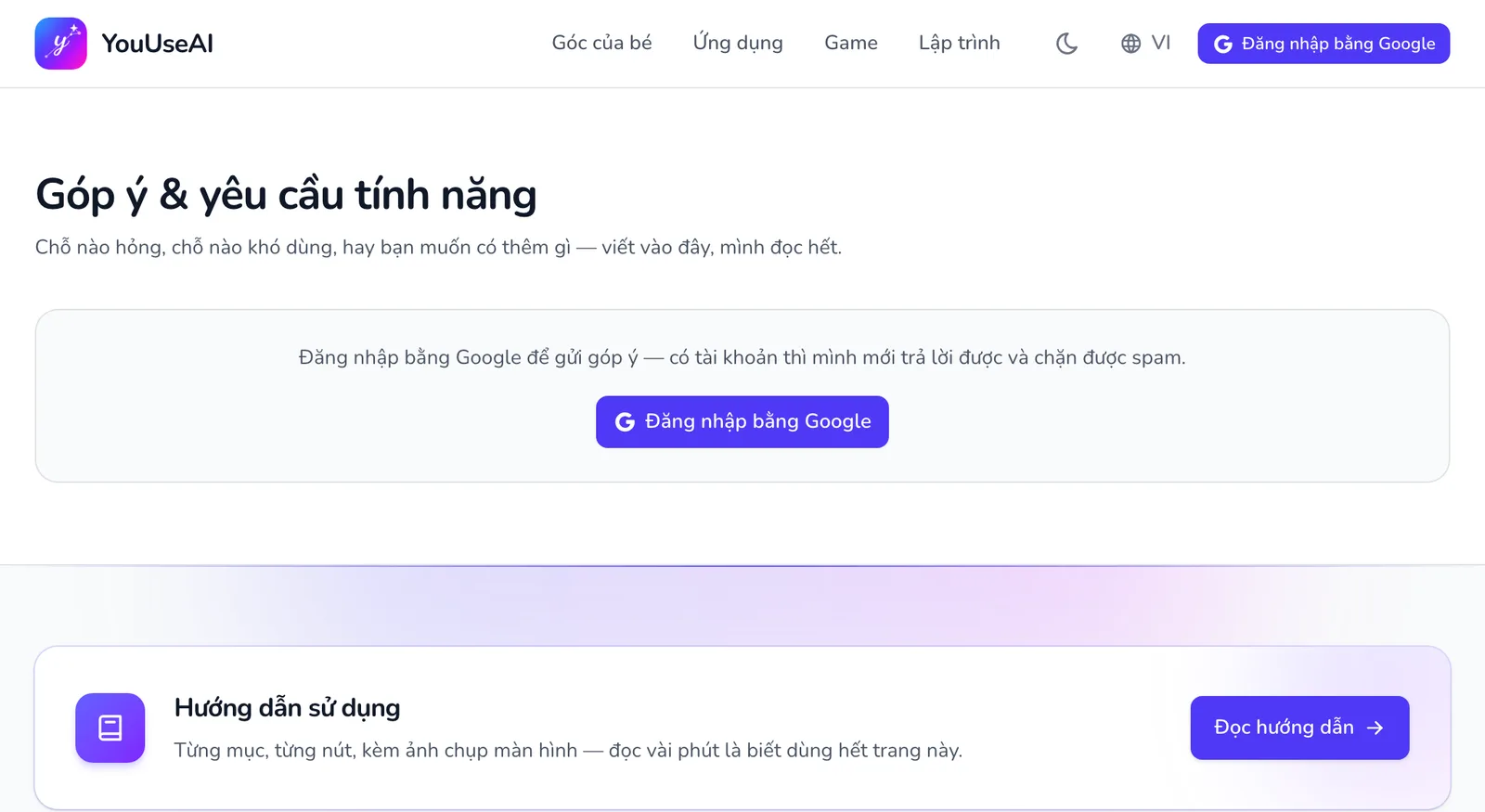Trang Góp ý và yêu cầu tính năng khi chưa đăng nhập: một dòng giải thích và nút Đăng nhập bằng Google.