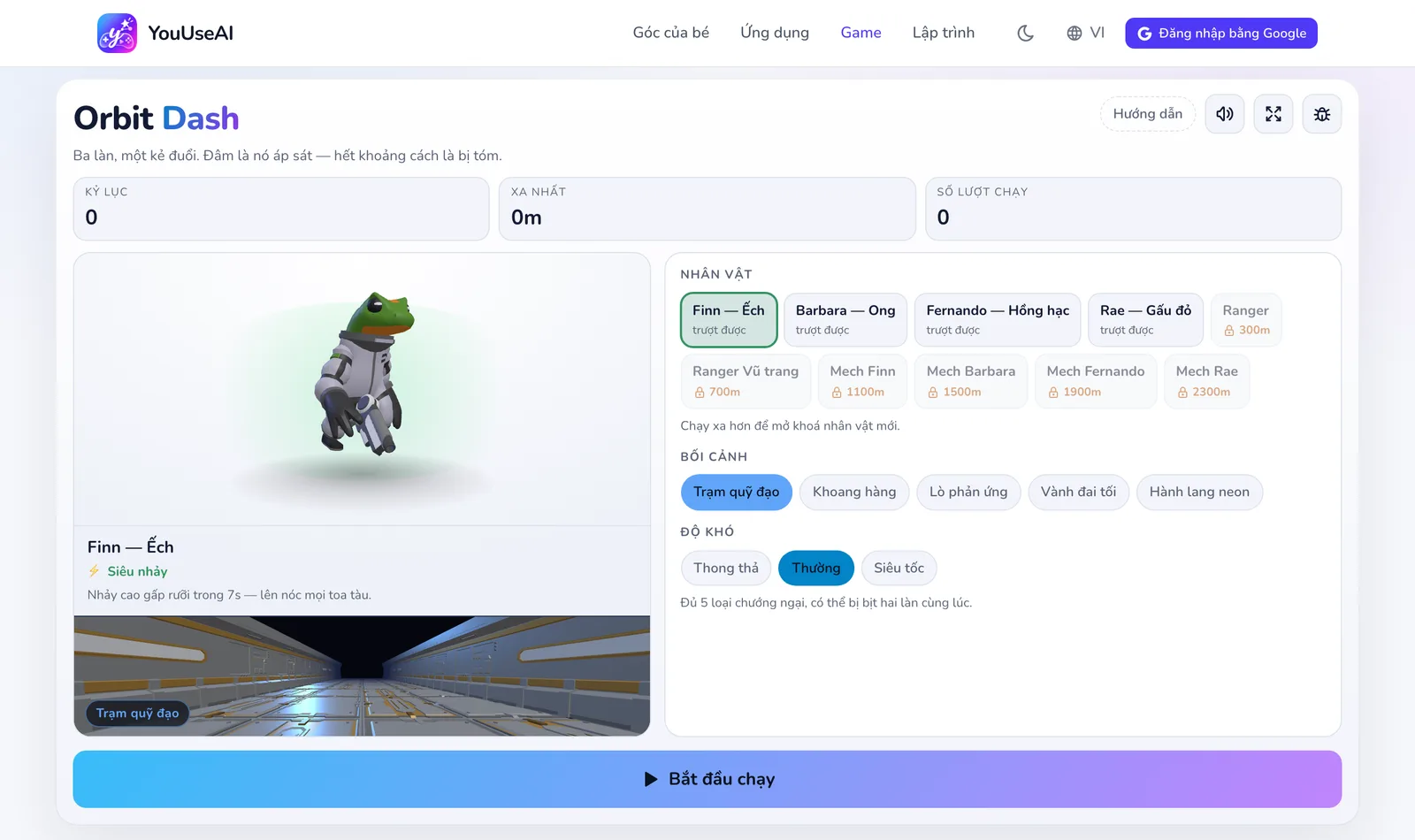 Màn chuẩn bị của game Orbit Dash: chọn nhân vật, bối cảnh, độ khó và nút bắt đầu.