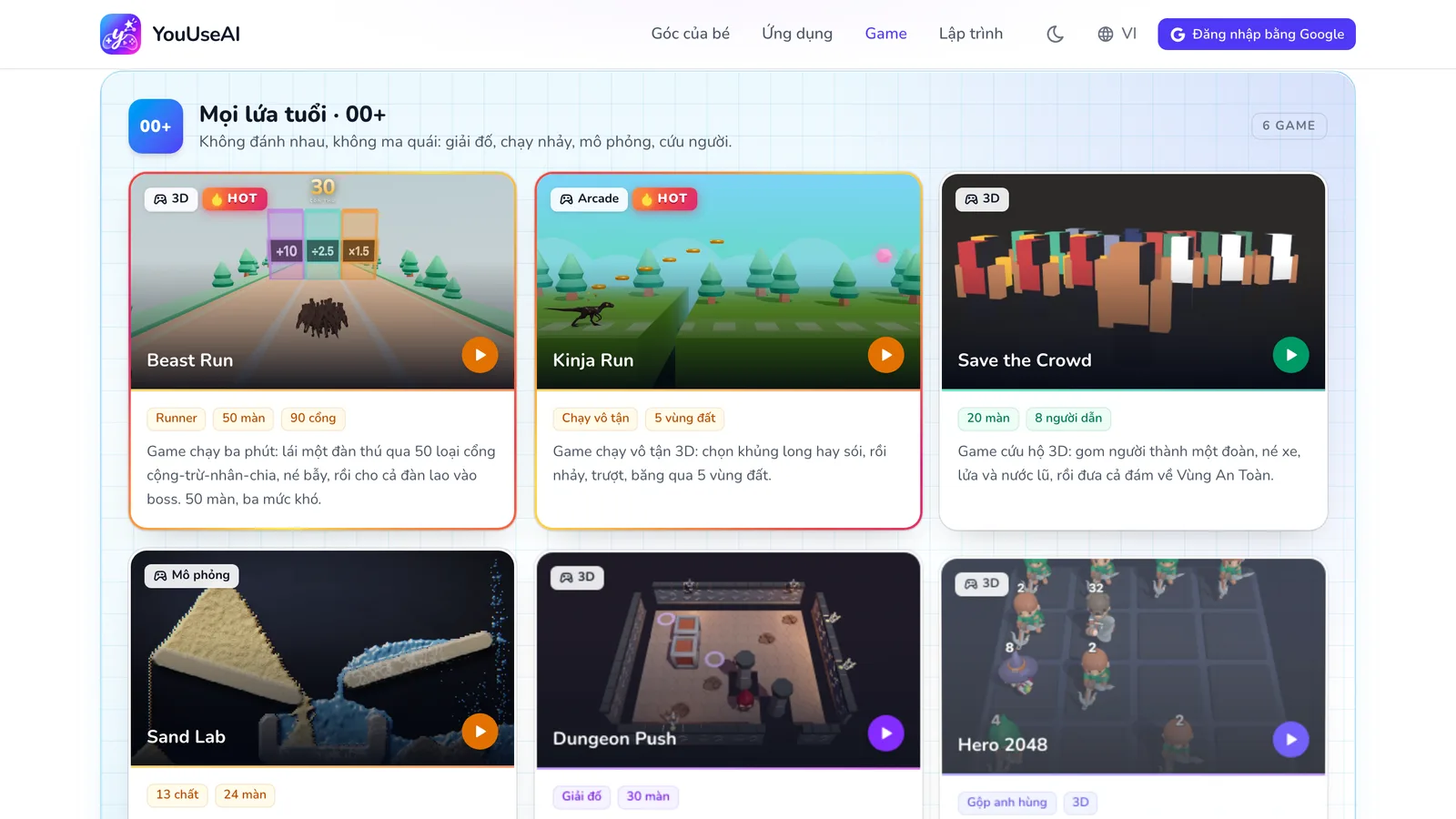 Trang Game: nhóm Mọi lứa tuổi với các thẻ game Beast Run, Kinja Run, Save the Crowd và nhiều game khác.
