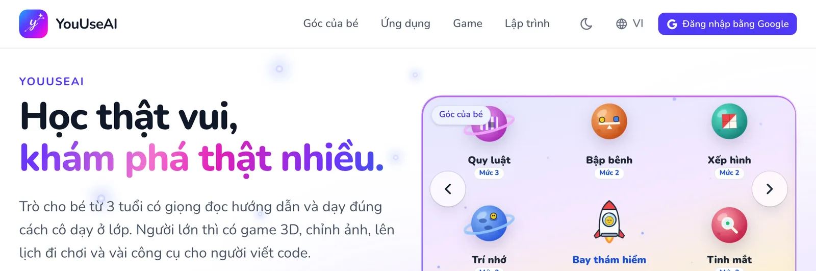 Thanh trên cùng của trang chủ YouUseAI: logo, bốn mục chính, nút đổi nền, nút ngôn ngữ và nút đăng nhập.