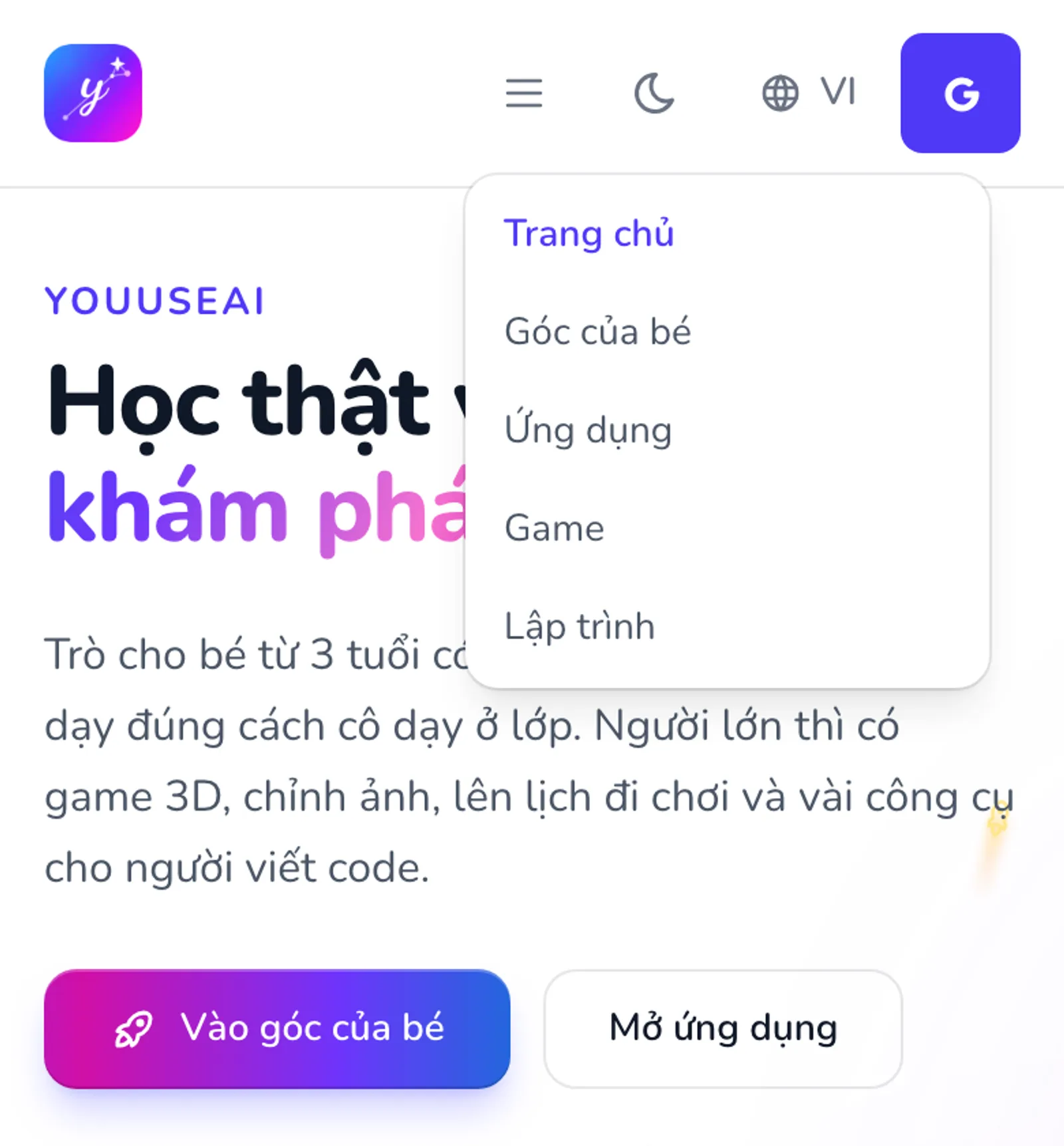 Trang chủ trên điện thoại, nút ba gạch đang mở danh sách các mục: Trang chủ, Góc của bé, Ứng dụng, Game, Lập trình.