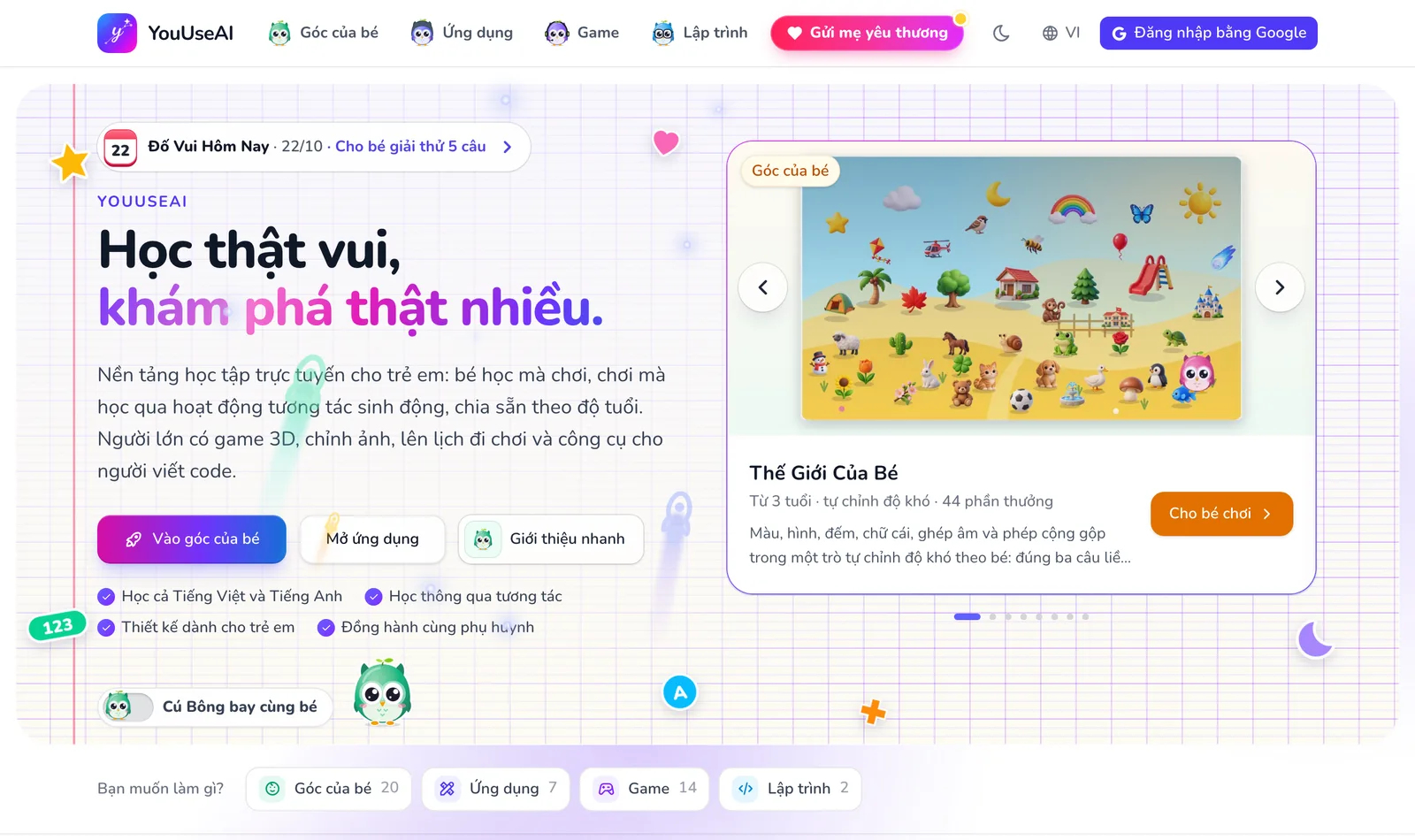 Phần đầu trang chủ: tiêu đề, hai nút Vào góc của bé và Mở ứng dụng, khung trượt giới thiệu sản phẩm với hai mũi tên.