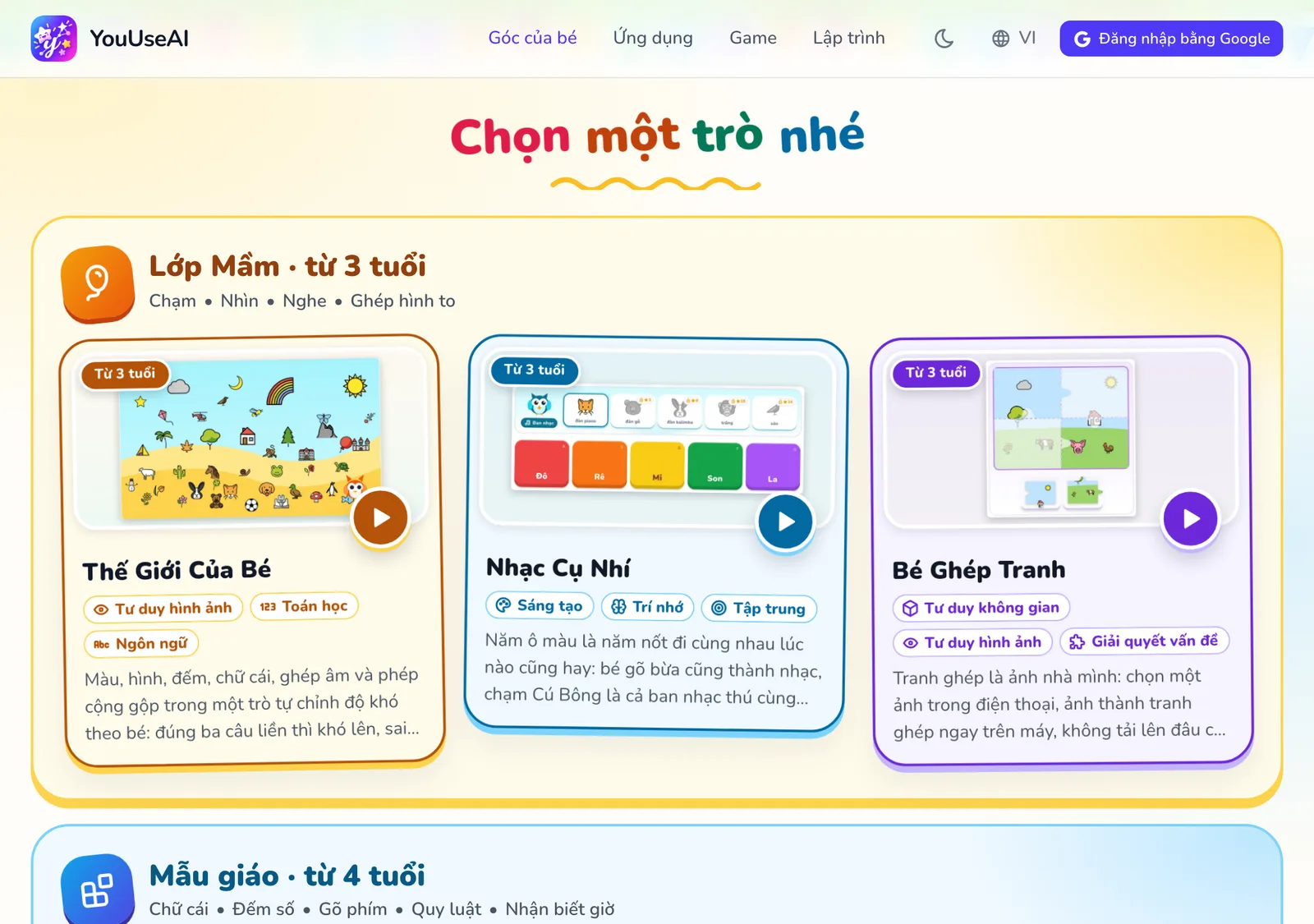 Trang Góc của bé với nút Mỗi trò để làm gì và nhóm trò đầu tiên cho bé từ 3 tuổi.