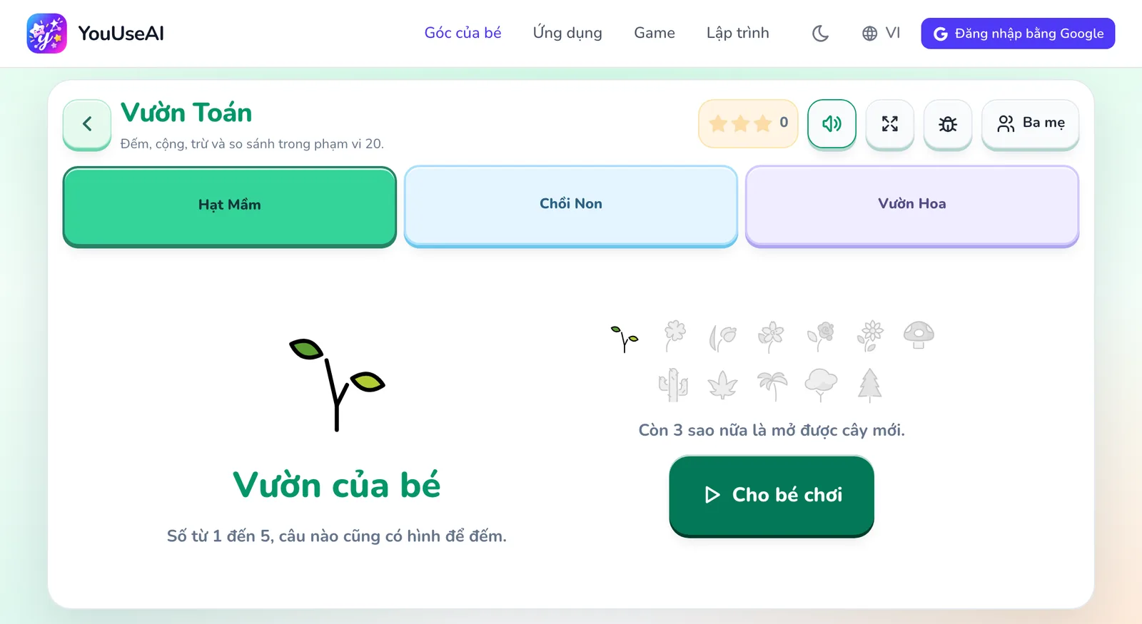 Màn mở đầu của trò Vườn Toán với thanh nút ở trên cùng.